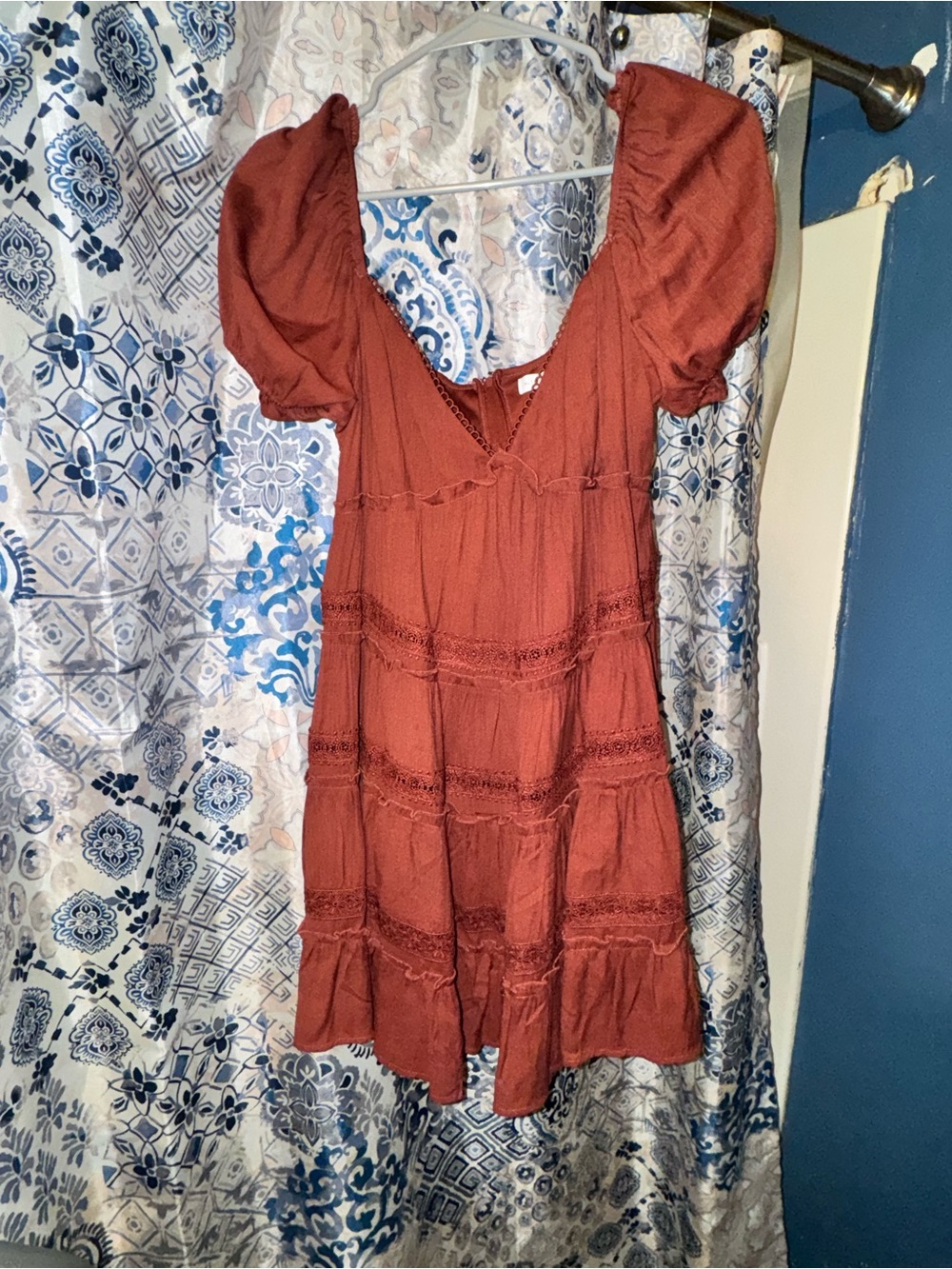 Altar'd State Brick Red Puff-Sleeve Tiered Mini Dress